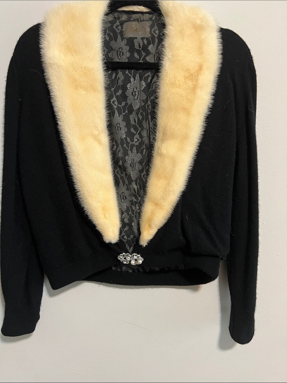 Vintage Black Sweater with Cream Fur Collar